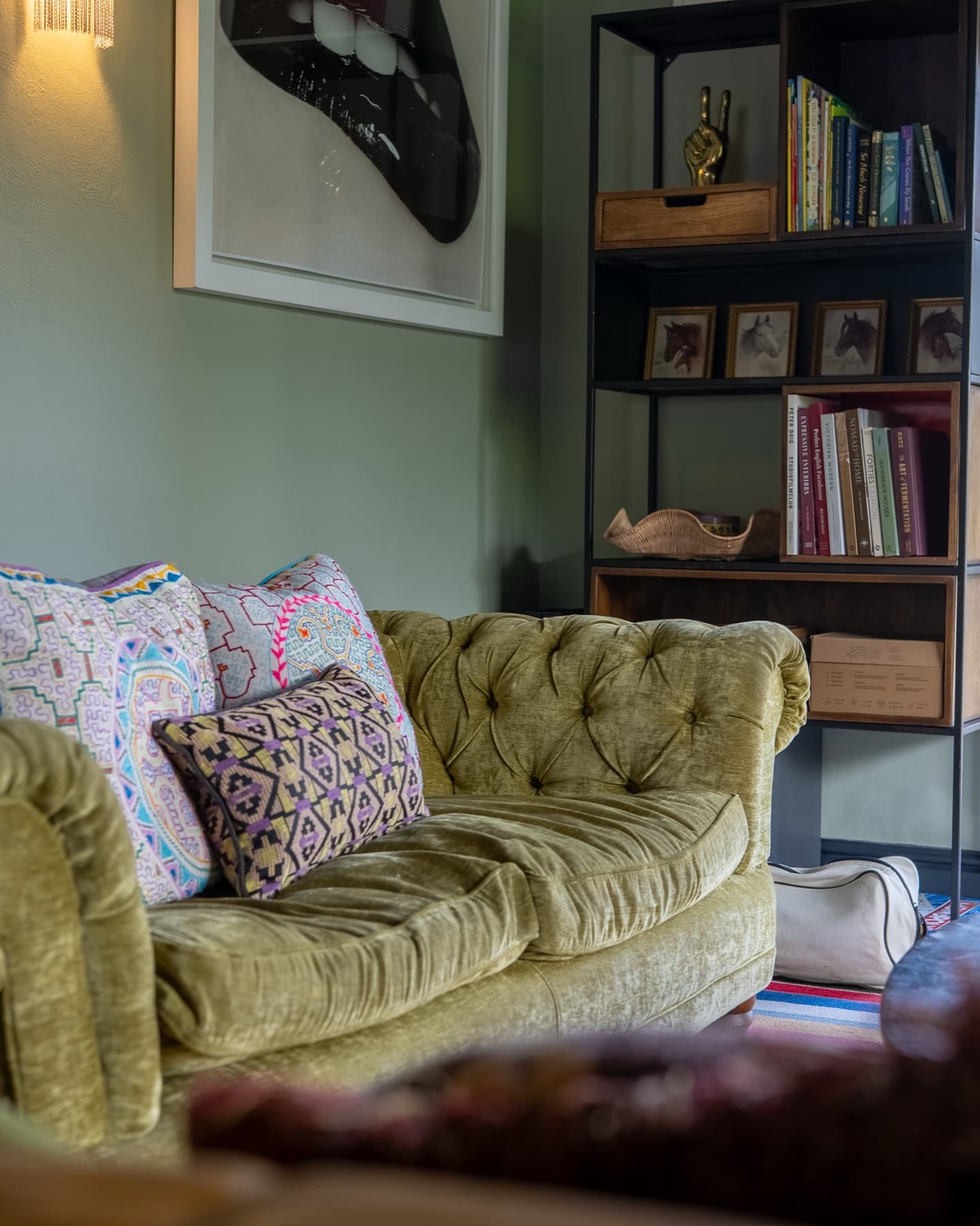 Shelves of books and framed horse studies beside the sofa