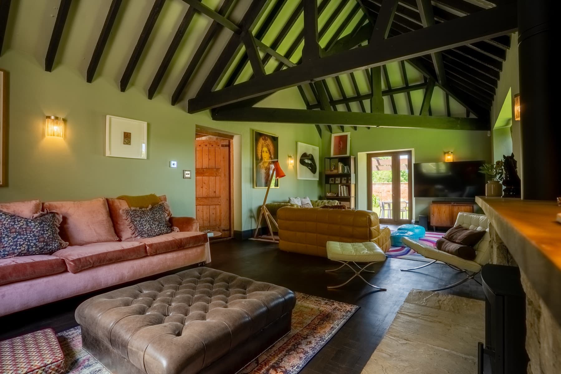 Sitting room from the fireplace end, with doors to the terrace