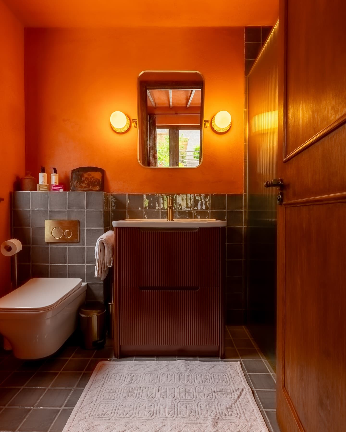 Ensuite bathroom, walnut vanity and sage glazed tile